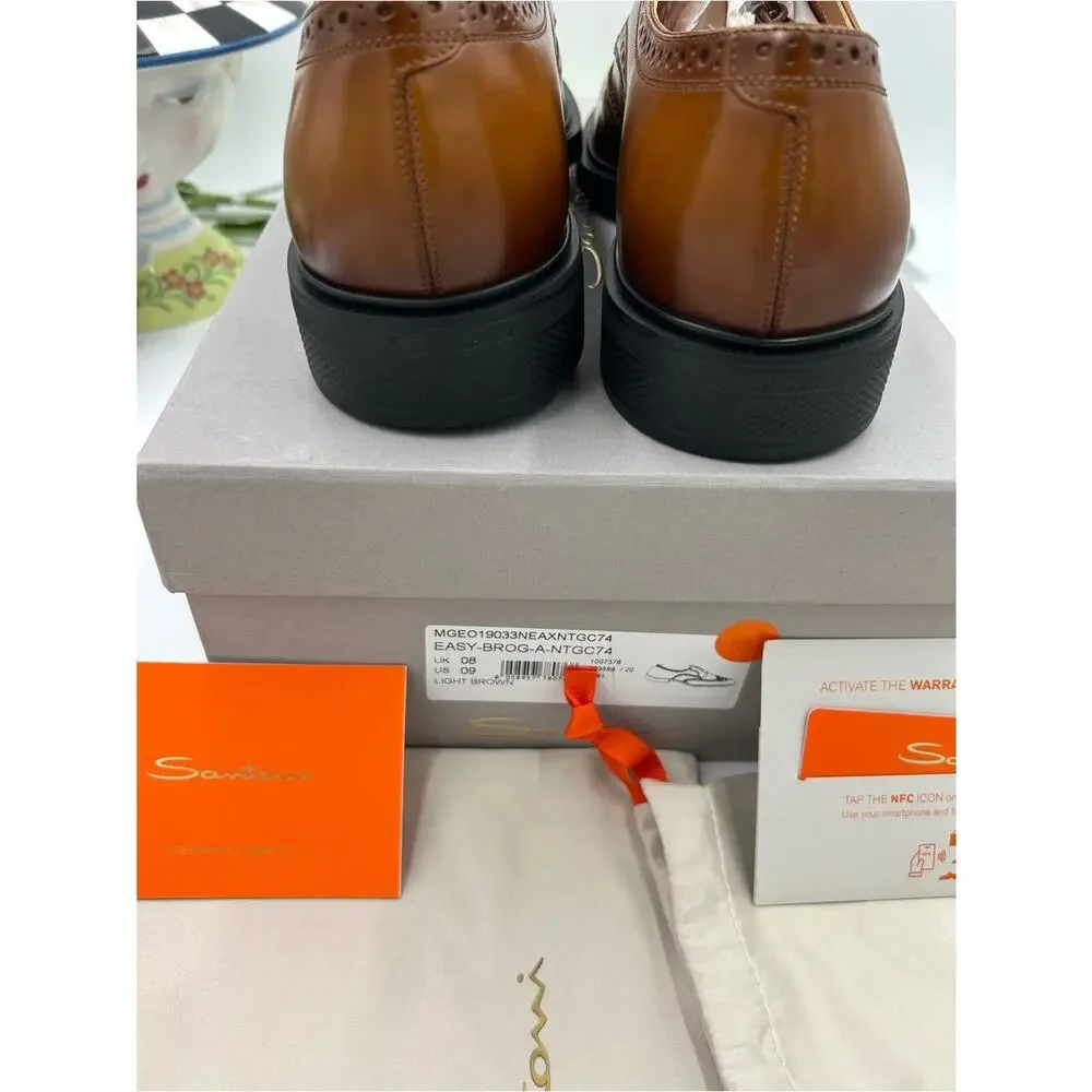 Men's Santoni easy wing tip brown burnished leather size 9 US made in Italy
